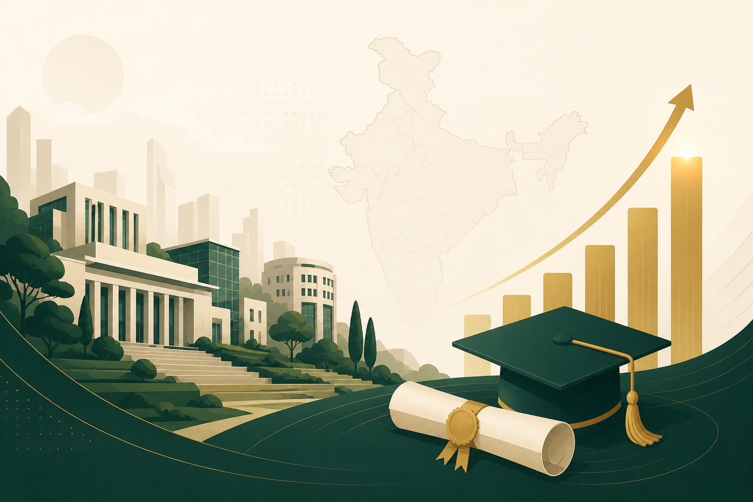 Illustrated hero for MBA and management colleges in India — campus building, graduation cap and diploma, and an upward ranking chart