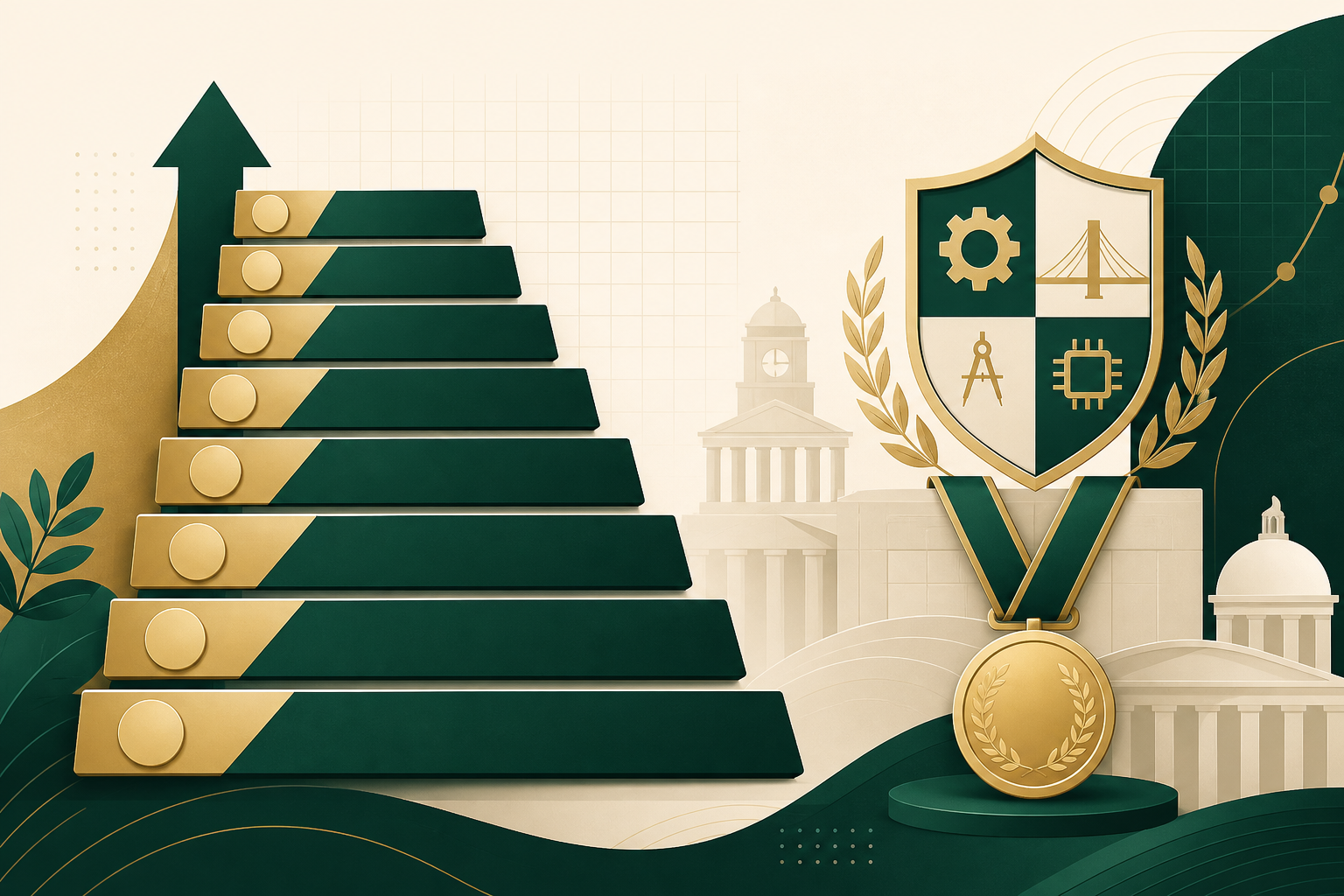 Illustrated hero for NIRF Engineering rankings — a stepped leaderboard of ranking bars beside a laurel medal and shield, with an institutional skyline behind