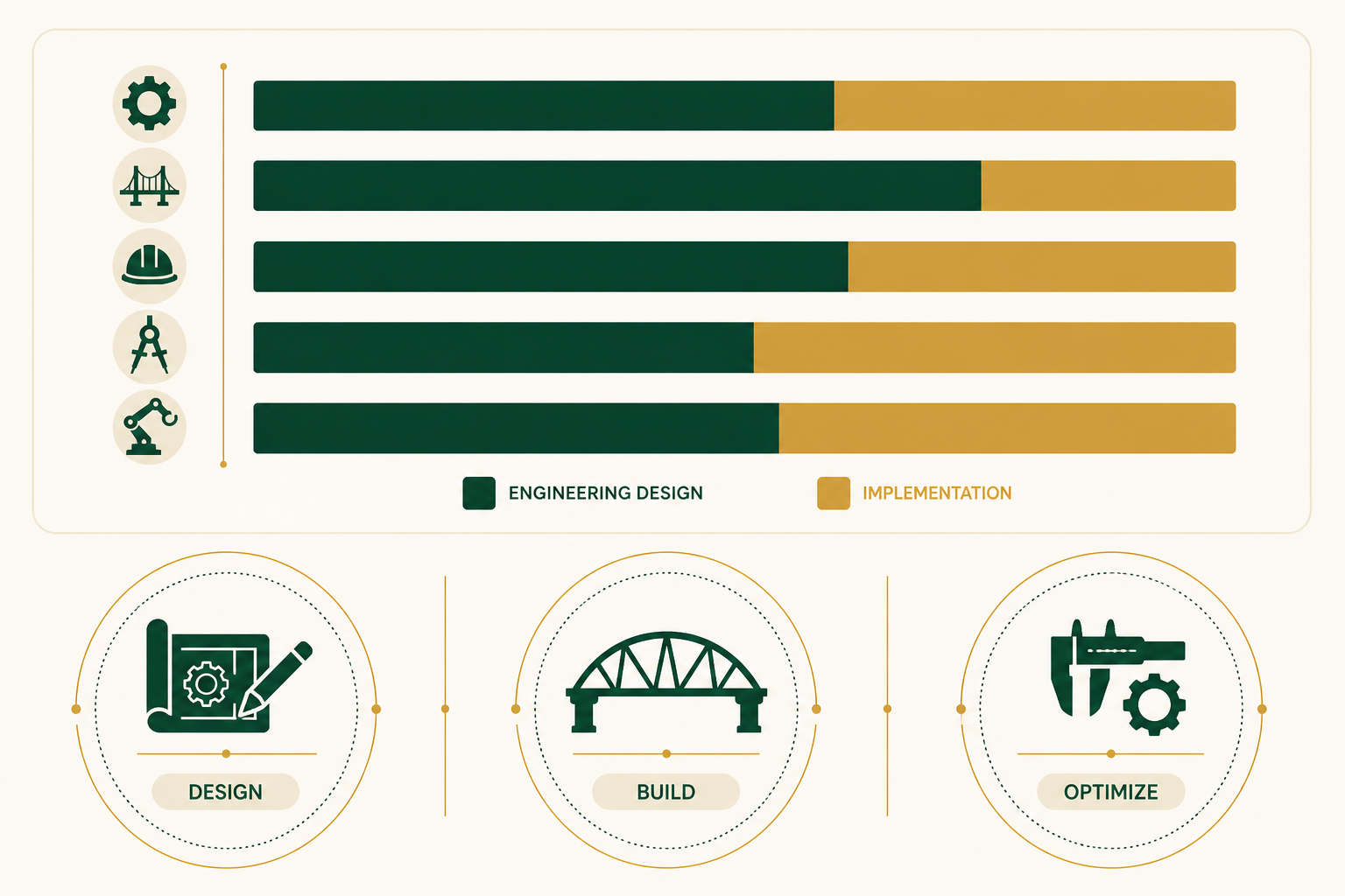Infographic showing an institute type-mix bar chart with design, build and optimise icons for engineering colleges