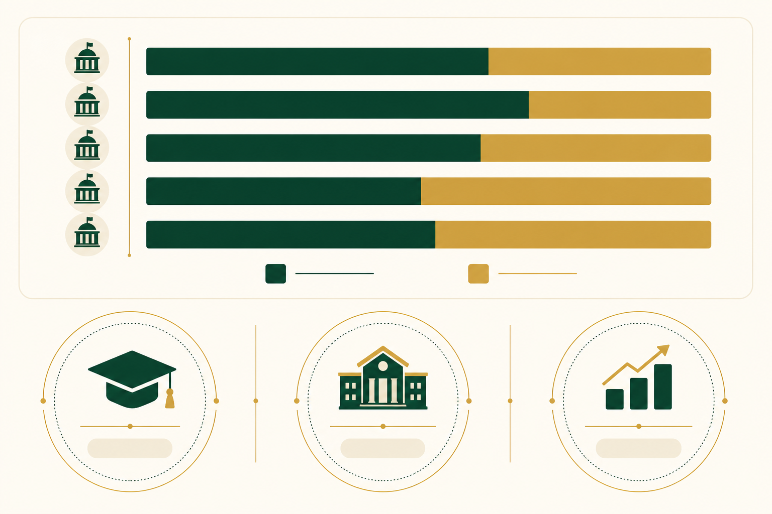 Infographic showing an institute type-mix bar chart with graduation cap, campus and growth-chart icons for management colleges