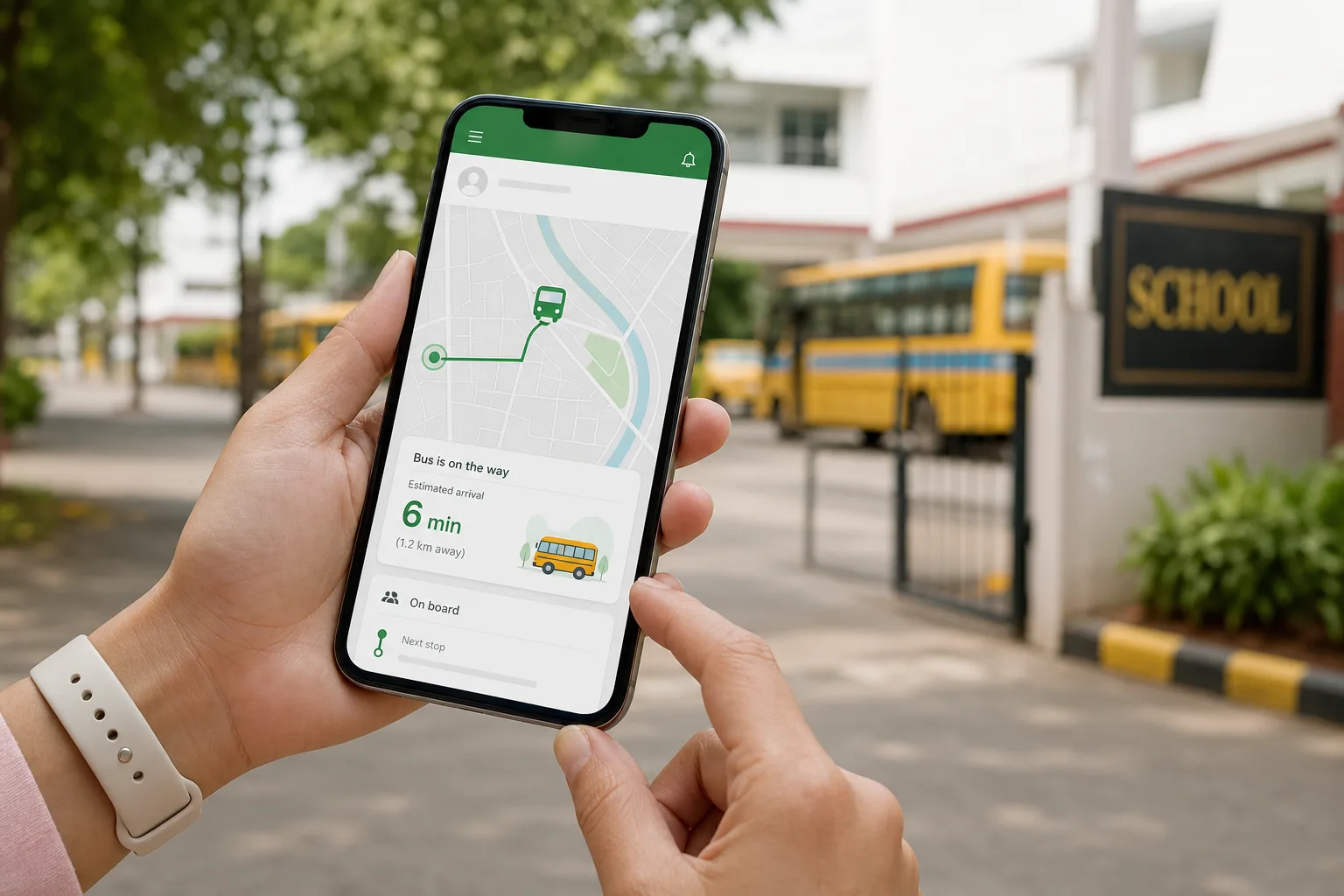 Parent checking live school bus ETA on a phone near the school gate